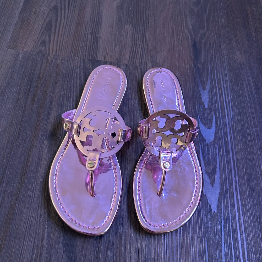 TORY BURCH WOMENS LEATHER MILLER LOGO SANDALS METALLIC PINK 7.5